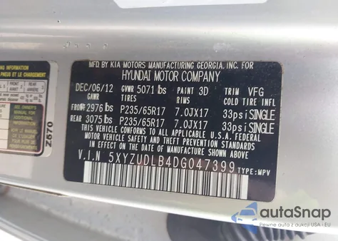 2013 Hyundai Santa Fe Sport из США, поврежденный, VIN 5XYZUDLB4DG047399